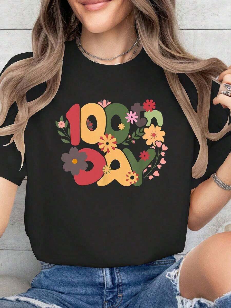 Camiseta impresa de 100 días de escuela, cómoda y casual de cuello redondo, manga corta, ideal para primavera y verano, ropa para mujeres. - Negro - Ver 1
