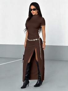 AITYI Studio Women's Slit Dress, Summer Casual Brown Bodycon Ruched Design, Elegant,Ins,Beach,Vacation,Going Out,Back To School,Fall,Halloween - Dark Brown - View 3
