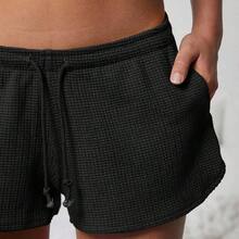 Mid Rise Drawstring Waist Textured Waffle Knit Lounge Short Spring, Summer, Festival, Stagecoach, Coachella, Boho, Cute, Casual, Country Concert Outfit, Nashville, Rodeo, Western Wear For Women, Vacation, Beach, 4th Of July Outfit - Verde Oscuro - Ver 4