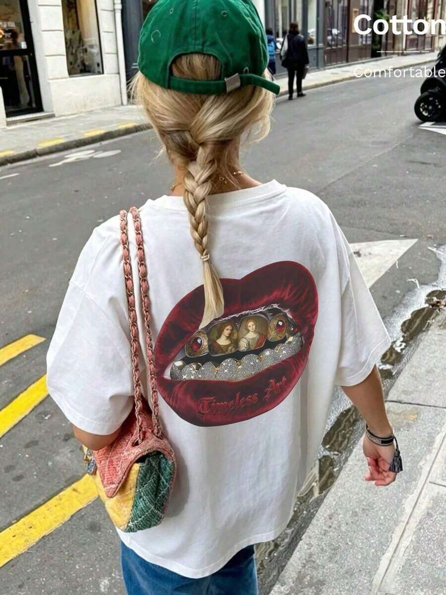 Camiseta para Mujer con Estampado de Frutas, Cuello Redondo, Manga Corta, Diseño Oversized, Ideal para Verano - Negro - Ver 1