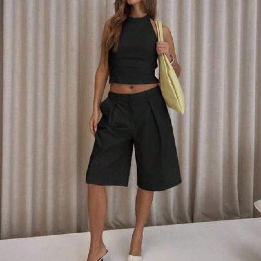 Pleated Straight Fit Tailored Longline Shorts Only Classy Sexy Streetwear Night Out Party Spring Elegant Summer Casual Holiday - Negro - Ver 1