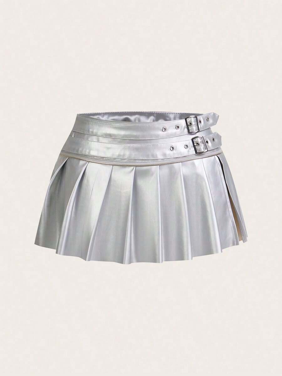 ICON Falda midi plisada de cintura elástica con abertura, de color liso, de uso casual para mujer - Plateado - Ver 1