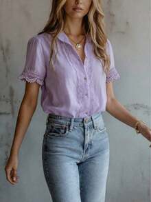 Blusa elegante de mujer con unicolor, bordado y parches de encaje, versátil para el hogar, uso diario y todas las estaciones, rosa de verano - Púrpura malva - Ver 5