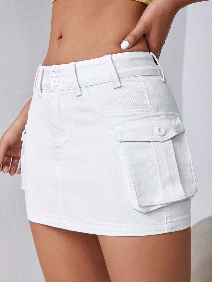Minifalda de tela vaquera de tiro bajo, de moda para el verano - Blanco 2 - Ver 1