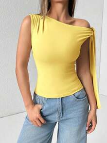 Camiseta de tirantes de unicolor informal con cuello de halter y lazada para el verano - Mostaza Amarilla - Ver 3