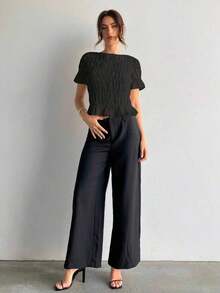 Blusa de mujer elegante de chifón y encaje con parches en color albaricoque - Negro - Ver 6