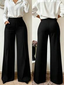 Pantalones casuales delgados y elásticos para mujer con bolsillos, versátiles para uso diario, ir al trabajo, oficina y ocio/deporte, diseño de pierna acampanada para estilizar las piernas, primavera/verano negro - Negro carbón - Ver 7