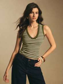 Camiseta de tirantes casual a rayas para mujer, de verano - Verde - Ver 5