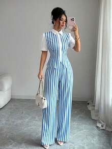 Conjunto de 2 piezas de camisa a rayas azul y blanco + pantalones elegante para ir al trabajo y de vacaciones para mujeres - Azul y blanco - Ver 1