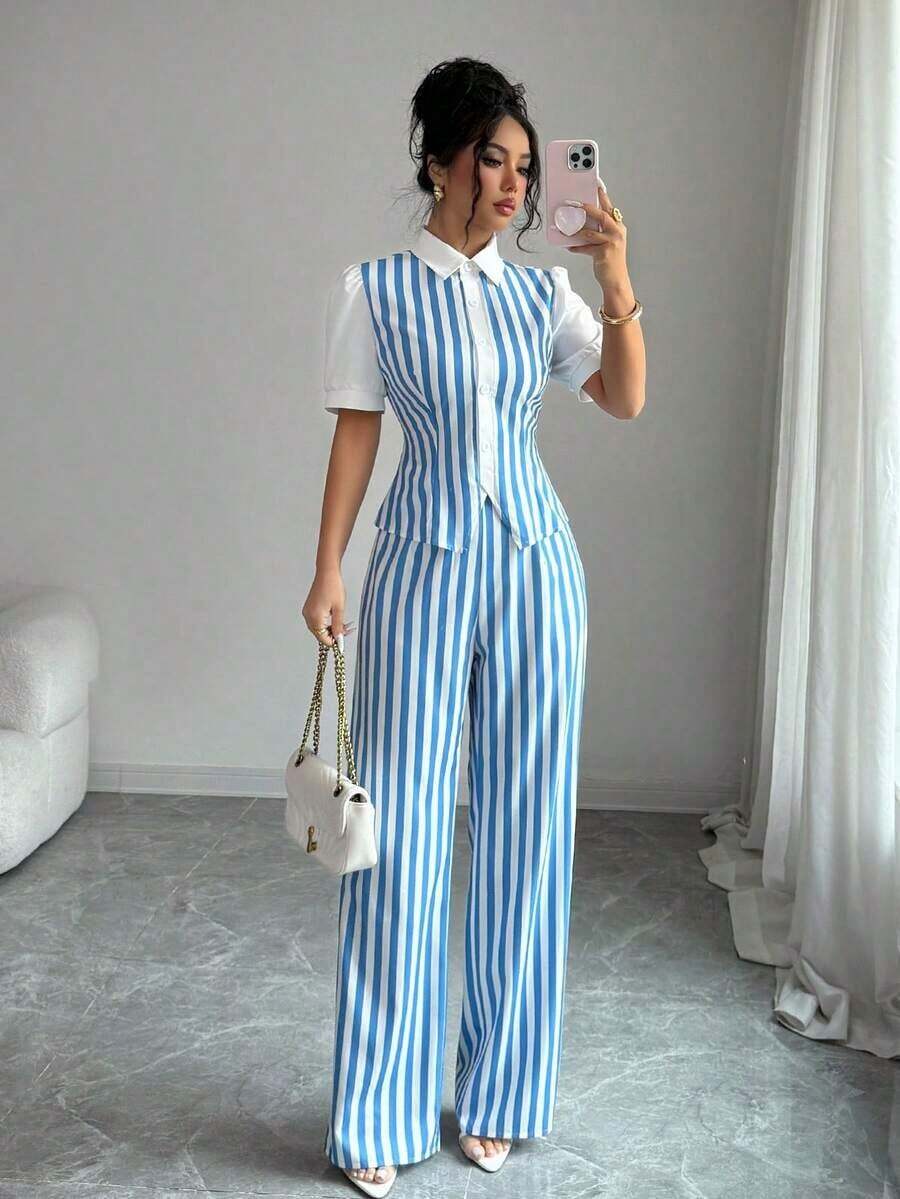 Conjunto de 2 piezas de camisa a rayas azul y blanco + pantalones elegante para ir al trabajo y de vacaciones para mujeres - Azul y blanco - Ver 1