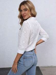 Blusa de mujer con bordado floral y cuello con muesca, manga 3/4.Tops de manga tres cuartos - Blanco 3 - Ver 2