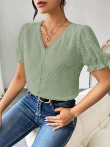 Blusa de gasa con estampado de lunares francés de moda para mujer, diseño elegante y elegante de manga corta con volantes para el verano - Verde - Ver 3
