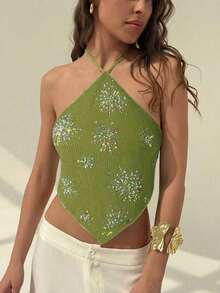 Top halter con espalda descubierta y lentejuelas sexy para mujer, ideal para verano, vacaciones en la playa, estilo bohemio, tropical, conciertos, festivales, country, Ibiza, Nashville, estilo occidental, boho, streetwear, gyaru - Verde 3 - Ver 6