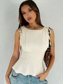1 pieza Blusa informal de punto de unicolor con volante, verano - Albaricoque - Ver 6