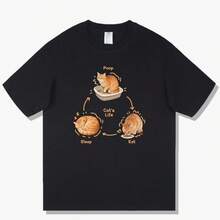 Camiseta de manga corta divertida con diseño de gato tridimensional [comiendo y durmiendo, gato naranja] para hombre y mujer, de algodón puro. - Blanco - Ver 4