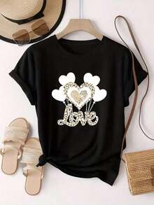 Camiseta Casual de Manga Corta para Mujer, Color Negro, con Cuello Redondo y Estampado de Corazón con Globos, Tejido de Poliéster con Ligera Elasticidad para Uso Diario QAOM - Negro - Ver 11