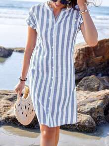 Vestido camisero de verano para mujer, de manga corta, cuello en V y rayas, hasta la rodilla, vestidos de verano para mujer, vacaciones - Azul y blanco - Ver 6
