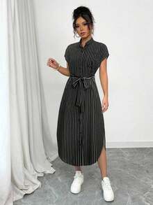 Vestido largo de manga corta para verano 2025, nuevo, con bolsillo, abertura lateral, cinturón y lazo, estampado de leopardo, para uso casual y de viaje - Negro - Ver 7