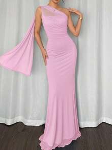 Vestido largo ajustado con cuello asimétrico elegante y romántico, adecuado para fiestas, playa, vuelta al colegio, citas románticas, temporada de bodas, cumpleaños, Pascua, primavera/verano - Rosa 2 - Ver 2