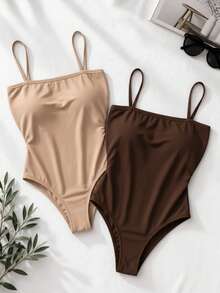 Women's Bodysuit With Thin Straps, Straight Neckline, Spandex Fabric With Padded Cups. Perfect For Parties, Christmas, New Year's, Birthdays, Day/Night, Casual, Versatile, And Suitable For Summer And Hot Weather. - 棕色和米色 - 查看 1