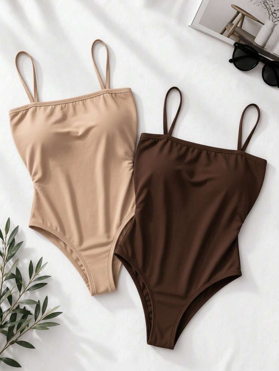 Women's Bodysuit With Thin Straps, Straight Neckline, Spandex Fabric With Padded Cups. Perfect For Parties, Christmas, New Year's, Birthdays, Day/Night, Casual, Versatile, And Suitable For Summer And Hot Weather. - 棕色和米色 - 查看 1