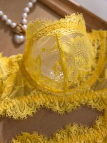 2pcs Yellow Lace Bandeau Bra Set, Delicate Lace Pattern Sheer & Sexy, Strapless Design Suitable For Open Shoulder Outfits, Sweet & Alluring, Suitable For Multiple Occasions And Groups, Underwire Style For Better Lift And Support - Yellow - View 4