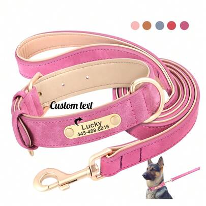 Soft Leather Personalized Dog Collar & Leash Set, Elegant Design Suitable For Small, Medium, Large Dogs Such As Labrador, Golden Retriever, Poodle, Corgi, Dachshund, Schnauzer, Teddy