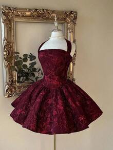 Vestido elegante, romántico y de moda de tela jacquard burdeos con escote halter, espalda descubierta y manga larga en corte evasé, adecuado para ceremonia de graduación, apertura de escuela, festival de música, fiesta de cumpleaños, boda, té de la tarde, baile de graduación - Rojo - Ver 3