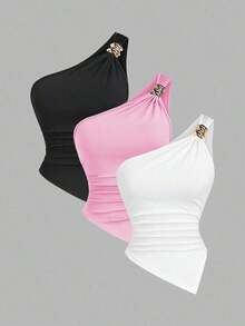 Blusa de unicolor minimalista con cuello asimétrico y hebilla de metal para mujer - Multicolor 2 - Ver 8