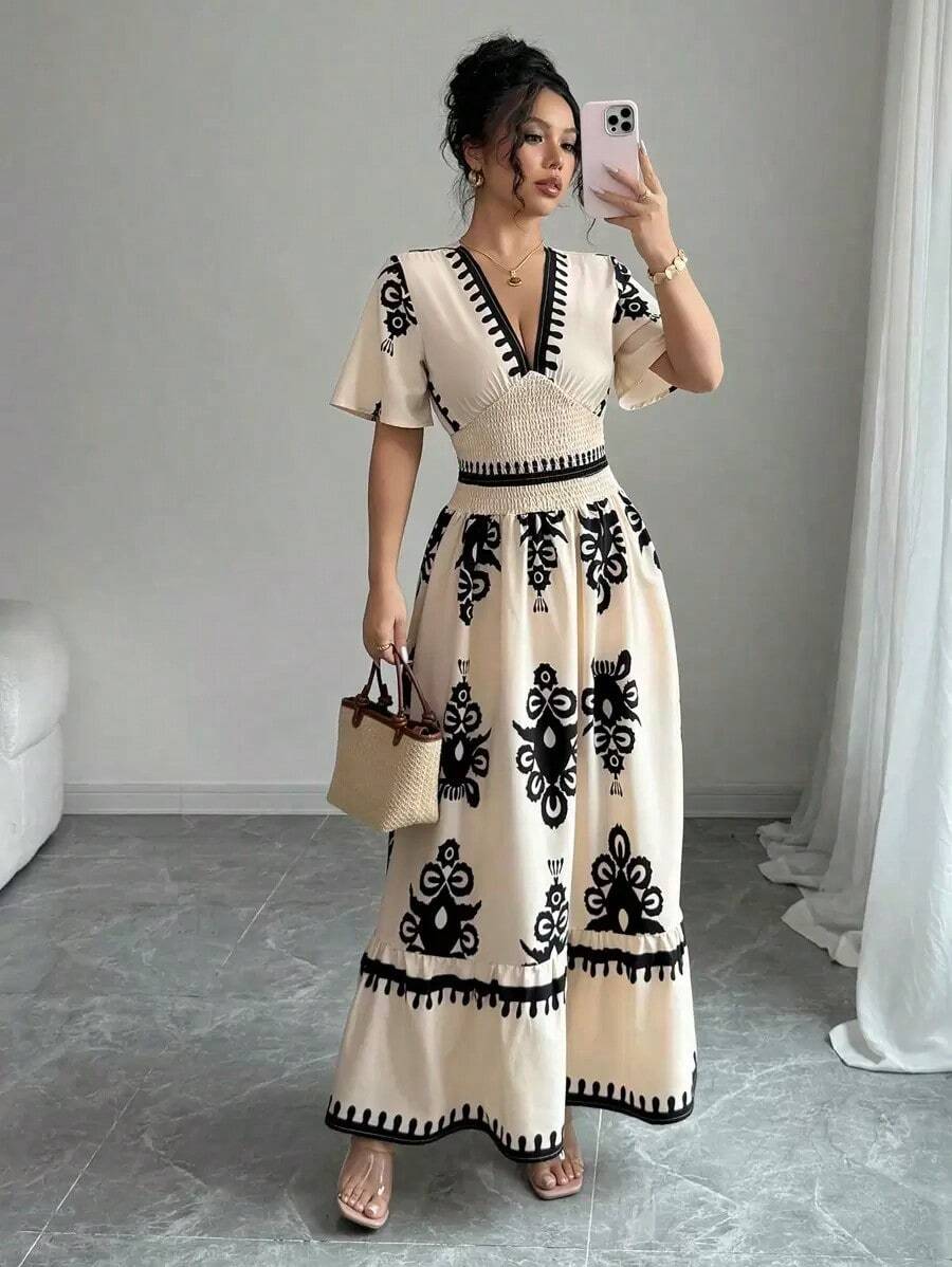 Vestido largo con mangas cortas, cintura fruncida y cinturón con estampado floral para mujeres - Multicolor 2 - Ver 1