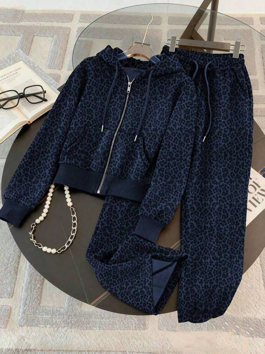 Set de 2 sudaderas con capucha con cierre y estampado de leopardo, estilo casual para ir y venir, regalo para amigos - Azul marino - Ver 1