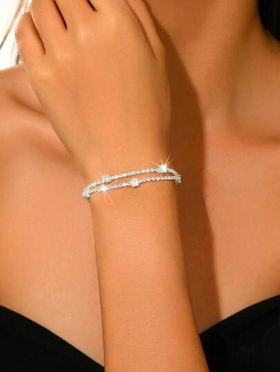 1pc Women's Double-Layer Bracelet, Delicate Crystal Bracelet, Shiny Stackable Crystal Bangle, Adjustable Fine Chain Jewelry, Suitable For Daily Wear, Parties, Anniversaries, Valentine's Day Gifts