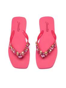 Trivaya Women Rhinestone Flat Heel Outdoor Holiday Beach Flip Flops TPR Anti-Skid Bottom Thong Sandals - Hot Pink - View 4