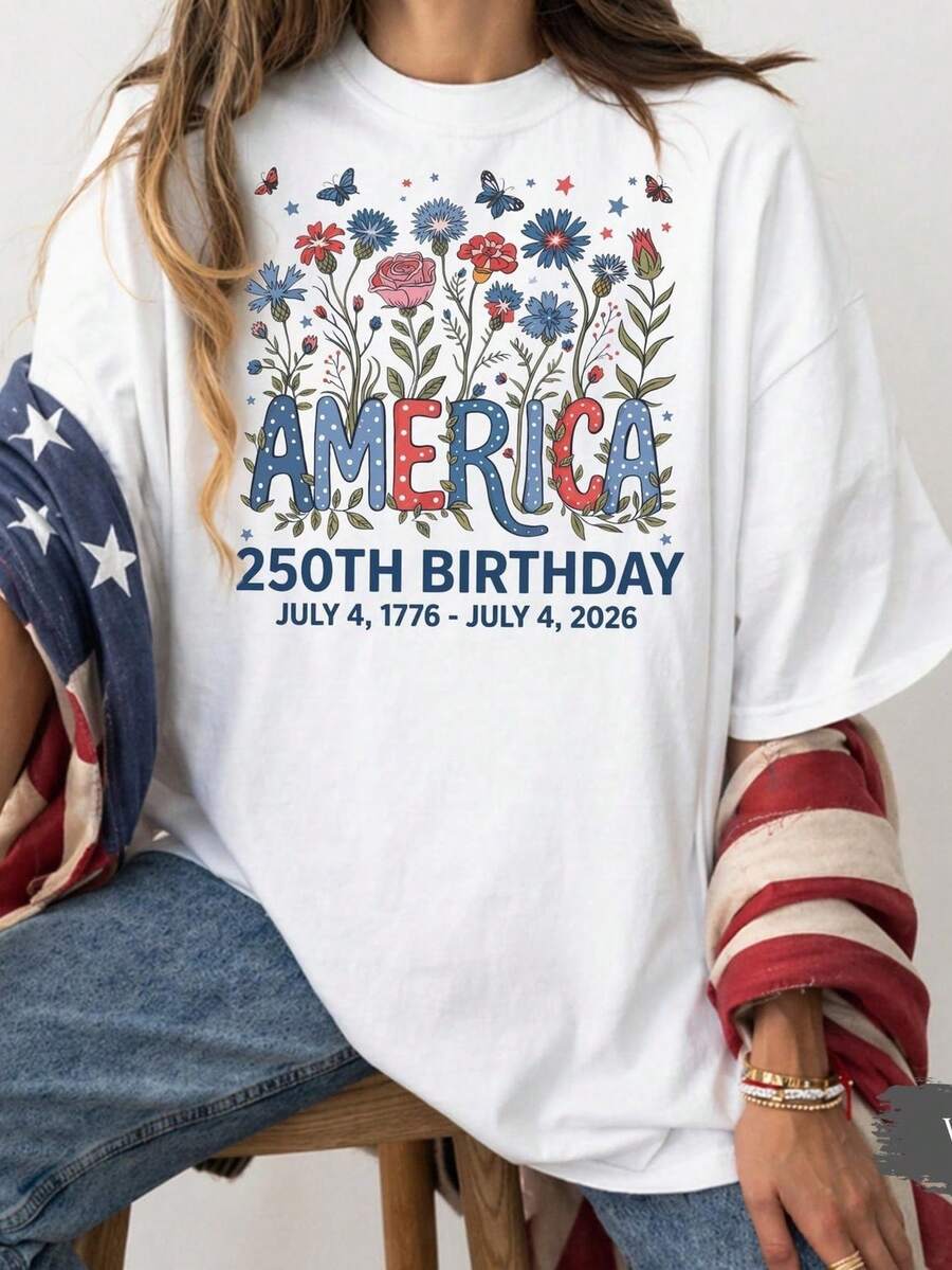 Camiseta Floral 250 Aniversario, Camiseta Wildflower Día de la Independencia, Sudadera de Cumpleaños de América. Camiseta unisex de algodón puro de 220 g. Peso ideal para todas las estaciones, apta para hombres y mujeres. Tejido duradero de alta calidad, suave al tacto y de larga duración. Camiseta transpirable. Adecuada para mujer en primavera y verano, vacaciones, Día de la Madre, Día de la Independencia. - Blanco - Ver 1