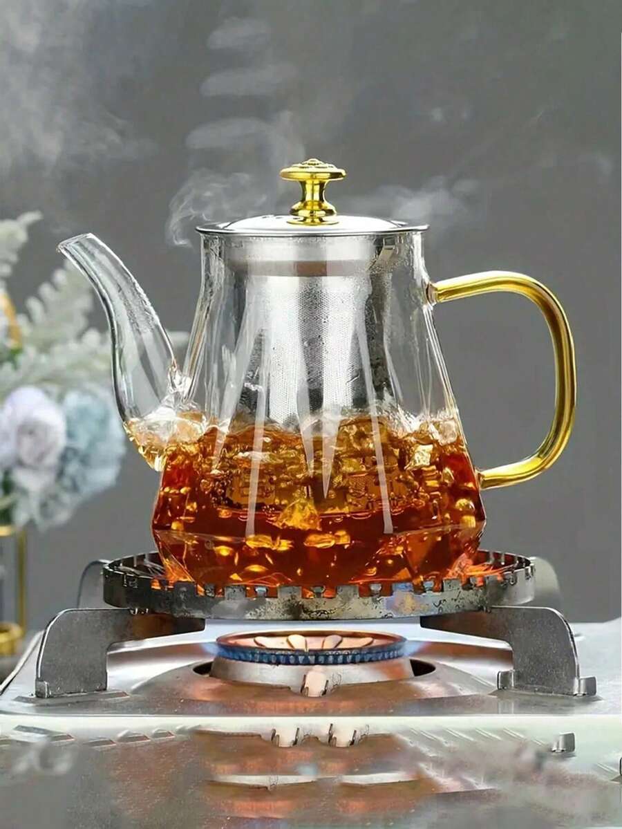 1pc Durable Glass Teapot With Stainless Steel Infuser - Heat Resistant, Suitable For Flowering Tea And Loose Leaf Tea, Ideal Gift For Holiday And Everyday Tea Brewing Back To School