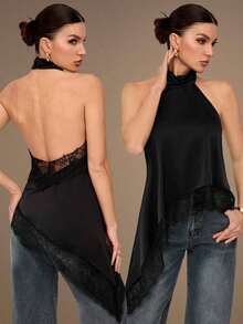 Tall Top de camisola sin espalda con adorno de encaje elegante, blusa sin mangas de satén con parches sexy para fiestas, cócteles, ocasiones formales, Navidad, casual de negocios - Negro - Ver 2