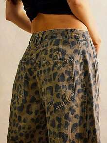 Women's Jeans Section: Women's Horseshoe-Shaped Barrel Jeans, Mid-Waist Wide-Leg Jeans, Loose Fit, Slim Tapered Leg Casual Jeans. - 豹紋 - 查看 5