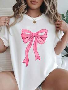 Women's Vintage Style Short Sleeve Casual T-Shirt - Pink Bow Design On White T-Shirt, Round Neck, Summer Top, Machine Washable, Ladies' T-Shirts, Casual Wear, Modern Style, Comfortable Fit

-WhiteFashion - 白色 - 查看 7