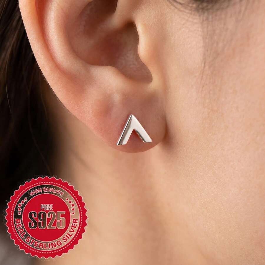 1 Đôi bông tai đinh tán hình chữ V bằng bạc Sterling S925, kiểu dáng tối giản hình mũi tên, không gây dị ứng. - bông tai hình chữ V - Xem 1