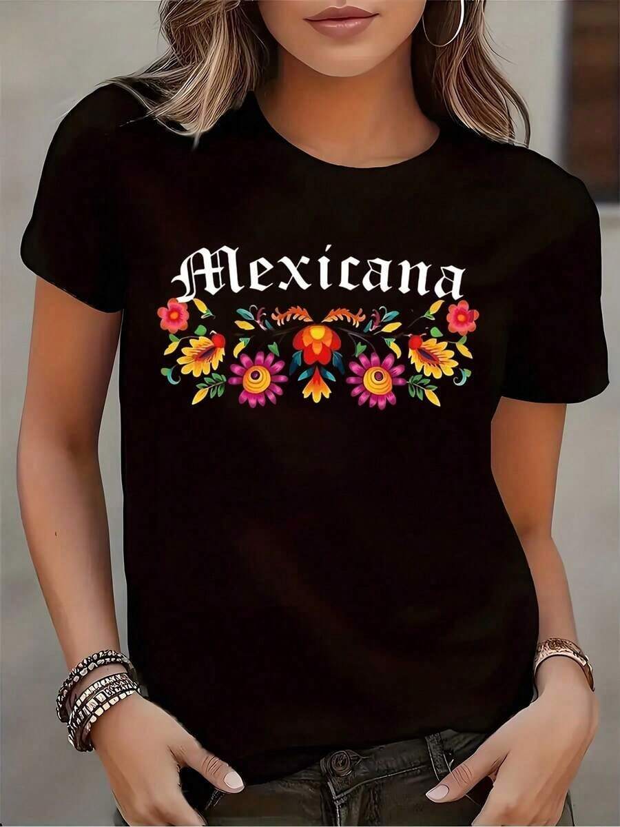 Camiseta de manga corta con cuello redondo y estampado floral mexicano para mujer, ideal para uso casual, festivales y eventos culturales. Tela cómoda, adecuada para regalar. - Negro - Ver 1