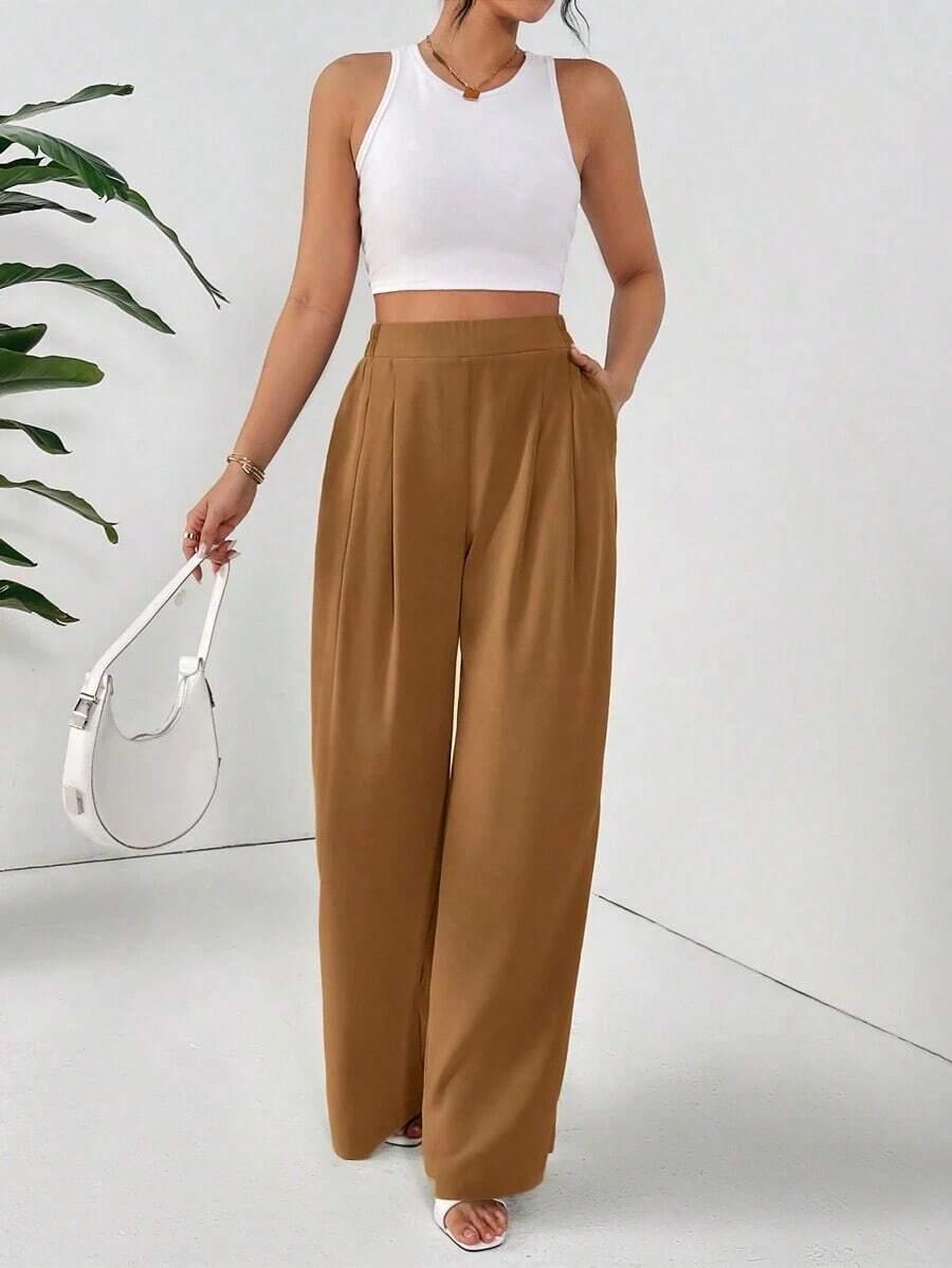 Pantalones casuales sueltos con bolsillos plisados y unicolor básico para mujer - Marrón - Ver 1