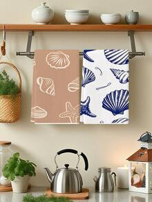 2pcs Shell & Starfish Pattern Kitchen Towels, Minimalist Beach Style Dish Cloths, Suitable For Farmhouse Kitchen & Home, Can Be Used As Hand Towels, Tea Towels - Multicolor - View 3