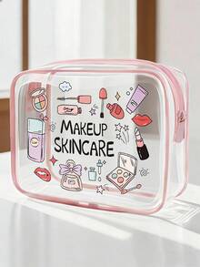 「Skincare」字母印花 PVC 化妝包，拉鍊密封 PVC 旅行收納袋，輕量耐褪色化妝盥洗用品袋，適合女性與女孩，TSA 認證便攜式化妝收納盒，易擦拭清潔設計，適合母親、老師、朋友、護理師等，女性好友禮品袋，學校、度假與旅行必備盥洗用品袋，防水盥洗袋 - 彩色 - 查看 1