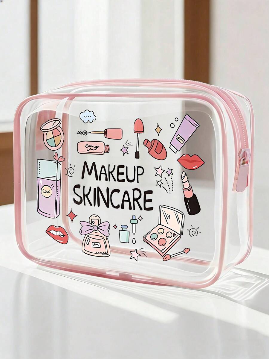「Skincare」字母印花 PVC 化妝包,拉鍊密封 PVC 旅行收納袋,輕量耐褪色化妝盥洗用品袋,適合女性與女孩,TSA 認證便攜式化妝收納盒,易擦拭清潔設計,適合母親、老師、朋友、護理師等,女性好友禮品袋,學校、度假與旅行必備盥洗用品袋,防水盥洗袋 - 彩色 - 查看 1