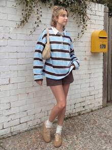 Buzzelle Women's Casual Long Sleeve Striped Rugby Polo Shirt, Light Blue/Brown Contrast Collar - Blue - View 8