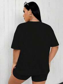MOOSTA Conjunto de 2 Piezas de Camiseta y Pantalones Cortos de Verano, Talla Grande, Estampado de Letras, Algodón Antiarrugas, Estilo Unisex, Fresco para el Verano - Negro - Ver 2