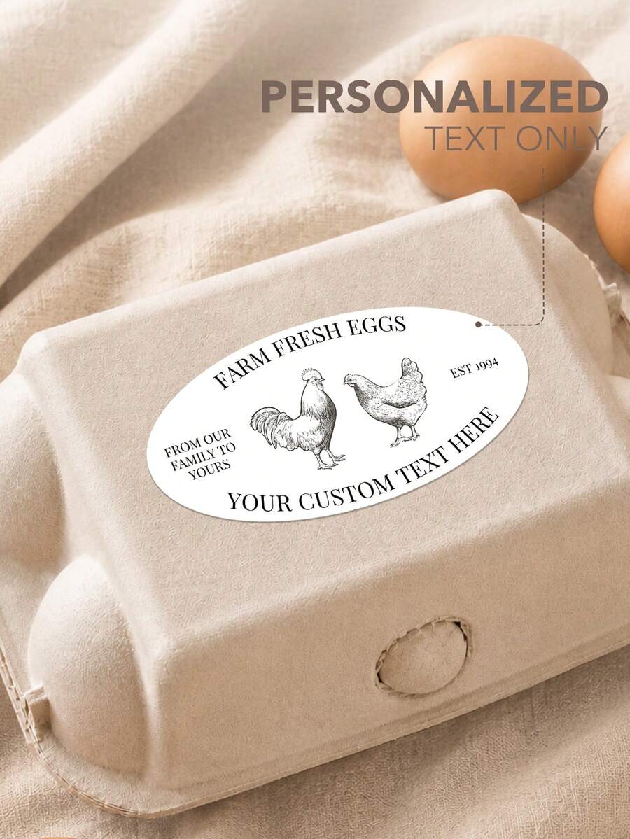 Custom Oval Egg Carton Labels, 4x2 Inch Farm Fresh Egg Stickers, 4 Editable Text Chicken Labels, Vintage Rooster & Hen Farmhouse Style Stickers, Homegrown Egg Packaging Labels, Backyard Farm Gifts, Country Kitchen Supplies - Oval - View 1