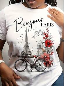 Blusa francesa parisina para mujer - Estampado de la Torre Eiffel y flores con la inscripción "Bonjour Paris", suave, transpirable, de corte holgado, cuello redondo, rojo/gris/negro/rosa/albaricoque, lavable a máquina, camisa casual y formal para viajes, atuendos casuales y estilo parisino, túnica versátil de inspiración francesa para todas las estaciones, ropa de viaje, estilo vacacional, blusa elegante, material ligero, ajuste cómodo, blusa con estilo, túnica estampada, regalo perfecto para francofílicos, calidad de impresión duradera, ideal para cosplay y cultura. - Negro - Ver 1
