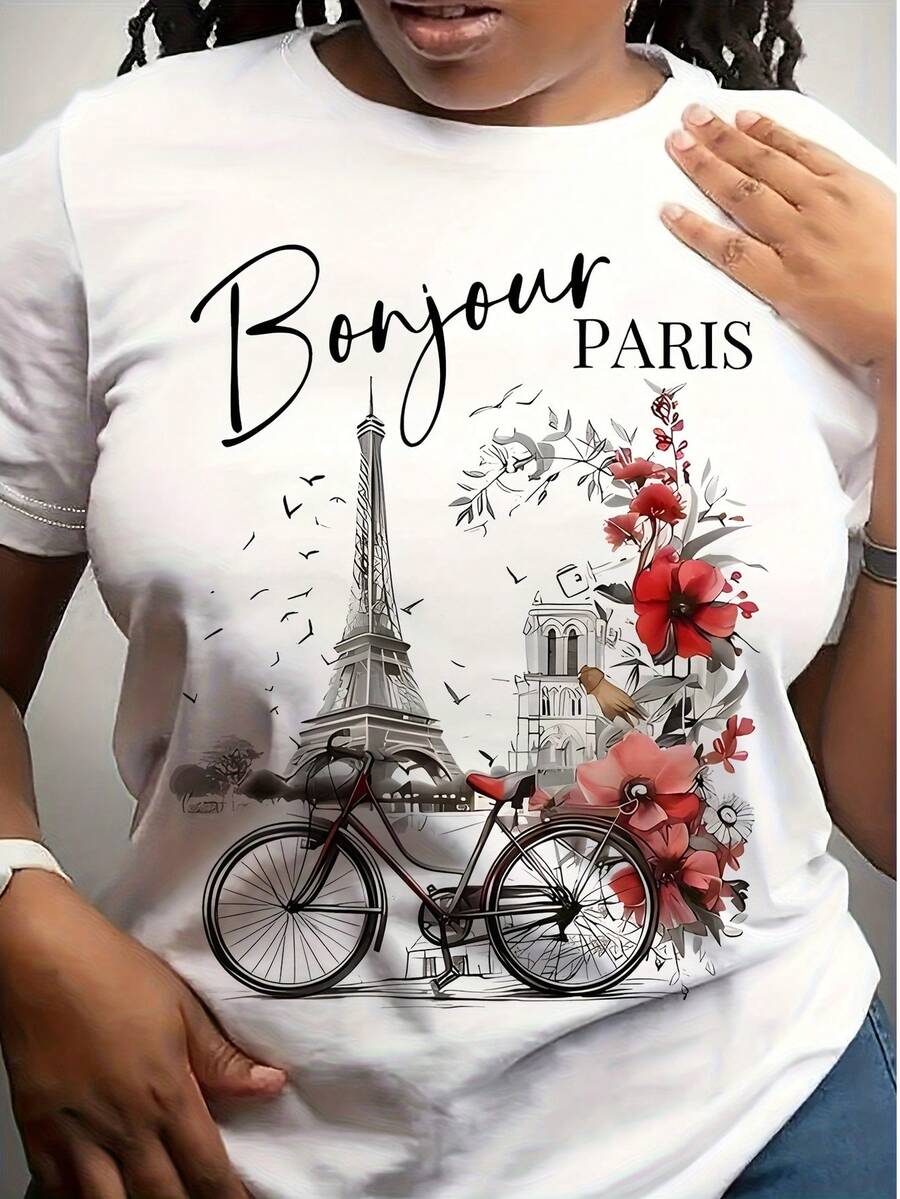 Blusa francesa parisina para mujer - Estampado de la Torre Eiffel y flores con la inscripción "Bonjour Paris", suave, transpirable, de corte holgado, cuello redondo, rojo/gris/negro/rosa/albaricoque, lavable a máquina, camisa casual y formal para viajes, atuendos casuales y estilo parisino, túnica versátil de inspiración francesa para todas las estaciones, ropa de viaje, estilo vacacional, blusa elegante, material ligero, ajuste cómodo, blusa con estilo, túnica estampada, regalo perfecto para francofílicos, calidad de impresión duradera, ideal para cosplay y cultura. - Negro - Ver 1