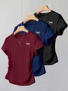 Camiseta ajustada con estampado de lazo para mujer, estilo versátil y elegante para el verano, vuelta al colegio, uso diario, fiesta, cita, que atrae mucha atención - Multicolor 8 - Ver 1